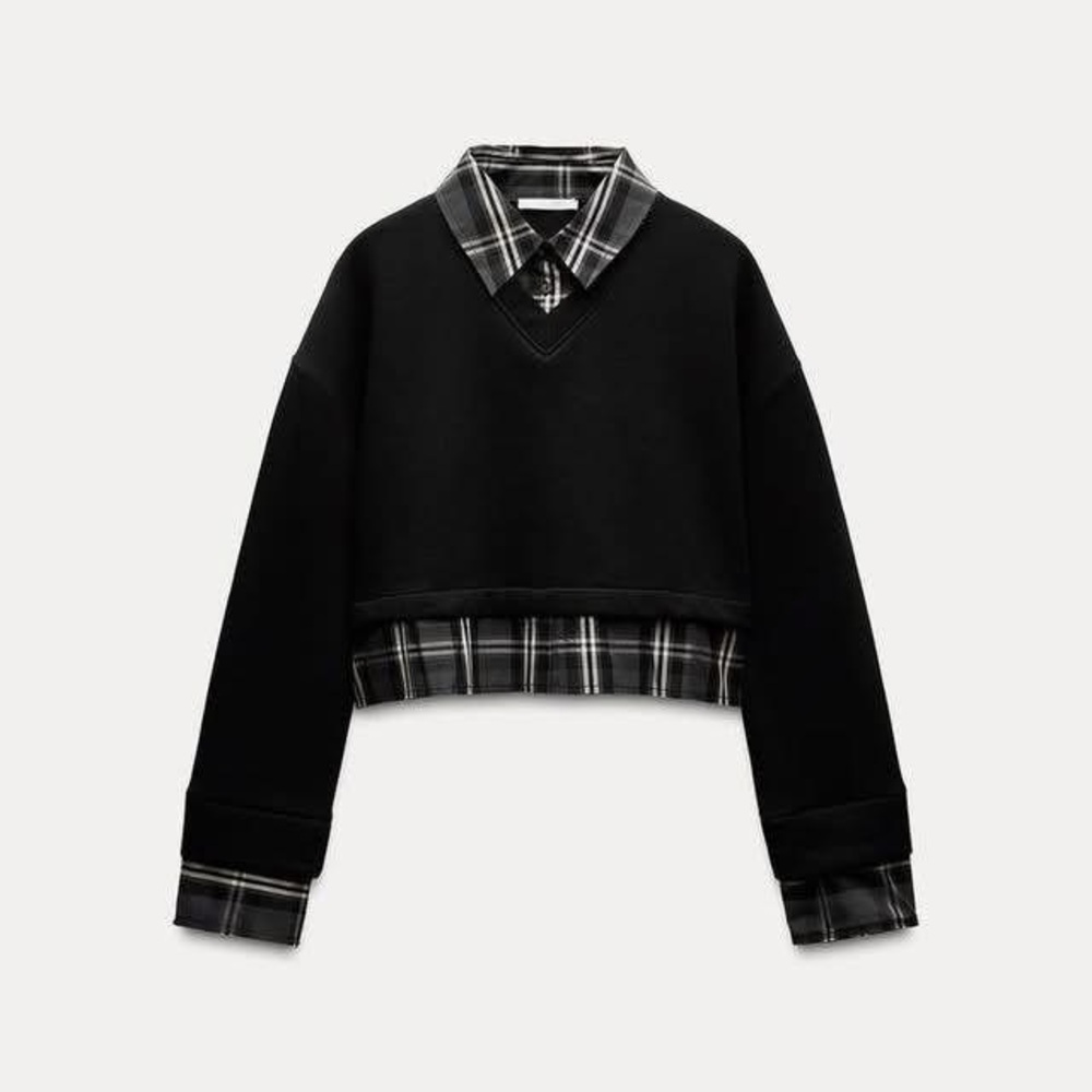Zara Cropped Black Sweater with Plaid Collar and Hem size L
